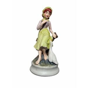 Vintage Figurine Ceramic Porcelain Girl in Green w Goose Sitting on Tree Stump